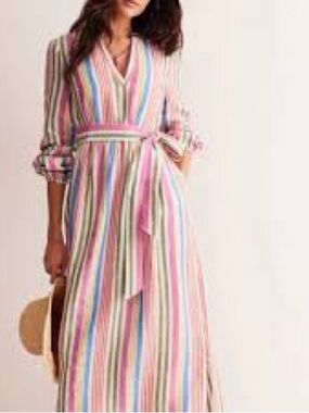 Boden Striped V-Neck Long Sleeve Maxi Dress in Multi-Color size small (o petite)